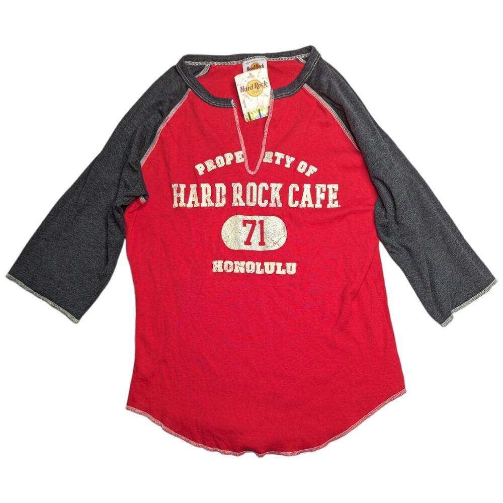 Vtg Y2K Hard Rock Cafe Red Gray Raglan Sleeve Split Neck Baseball Tee XL NWT